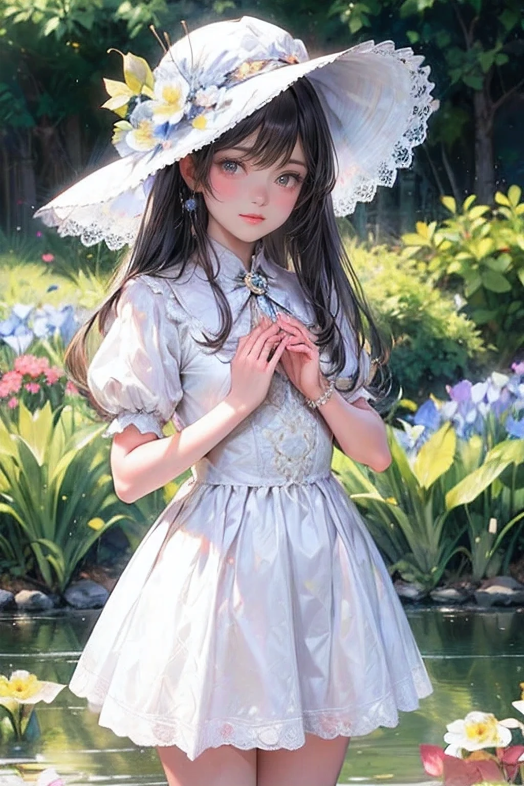 masterpiece:1.2,highest quality, 16k, ultra-realistic:1.37, beautiful detailed, cute girl, standing stylish sun shade formal hat with ribbon and vibrant colors irises ornaments, through bangs, long eyelash, sparkling eyes, shining lips, gently smile, beautiful delicate(hat, ornament, hair, face, eyelash, eyes, pupils, lips, hands, white dress), garden(flowers, irises, butterfly, pond)