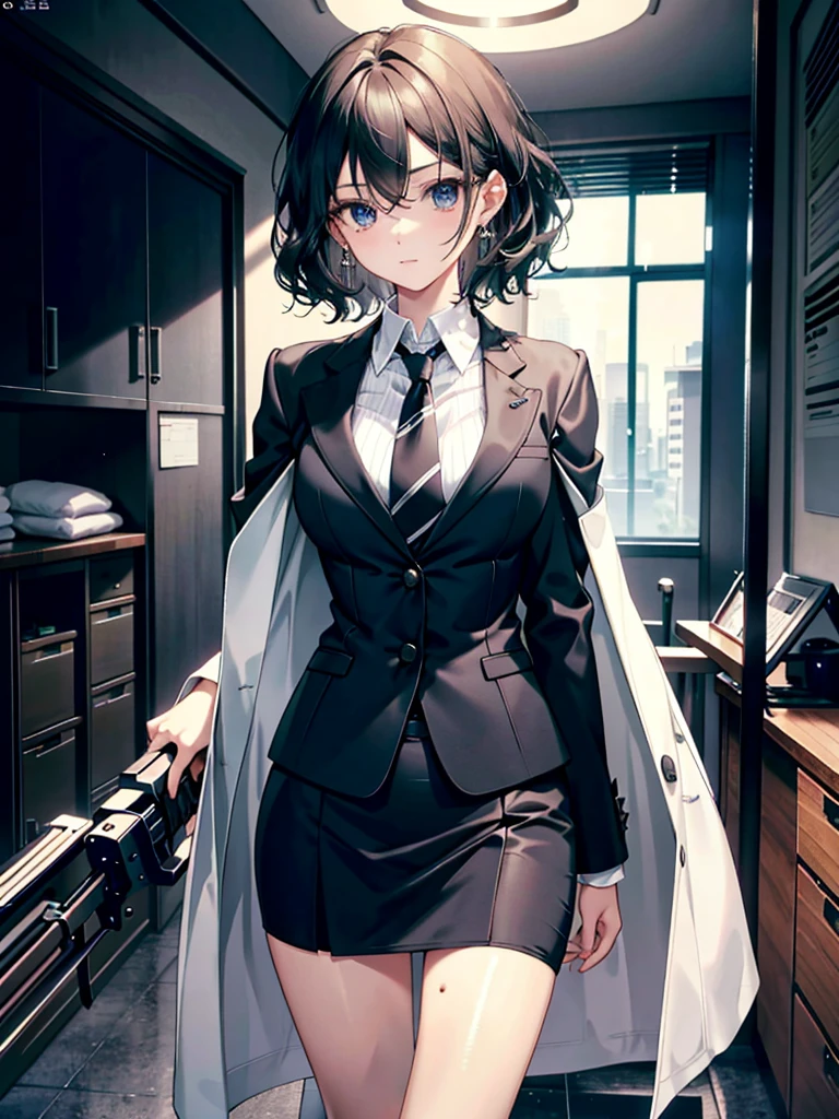 absurdres, RAW photo, extremely delicate and beautiful, masterpiece, Best Quality, ultra high resolution, 32k, hyperrealistic, ultra-detailed, perfect ???????, anatomically correct, perfect figure, super Detailed skin, 20 years old, very Slim body, narrow waist, very small head, very small face, delicate facial features, detailed face, detailed eyes, tearful mole, earring, thin legs, bare legs, very huge round breasts, short medium hair, ((wavy hair)), wet clothes, ((business suit)), white shirt, black skirt, (coat), detailed weapon,