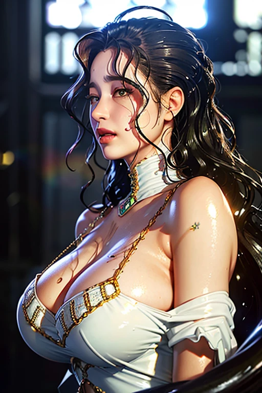 a close up of a woman in a white dress with wings, albedo from overlord, full - body majestic angel, albedo from the anime overlord, by Yang J, extremely detailed artgerm, anime goddess, villainess has black angel wings, ig model | artgerm, guweiz, angel knight girl
Divide Ratio : 1,1,1 Base Ratio: perfect dynamic composition:1.2,beauty in (Intricately detailed photo of a ((18-year-old))),((photorealistic)),((Hyper realistic)),((sharp focus)),(highest resolution),(the most absurd quality),(masterpiece),((natural, soft lighting during the day)),fashion supermodel,((best high quality real texture skin)),(Highly quality texture hair),((curly hair((slicked to the side))Intricately detailed:1.44)),(perfect proportions),(anatomically correct),((perfect female body)),((firm huge full breasts:1.2)), huge breast, huge breast, huge breast, slim face,beautiful cheekbones,((long legs)),(slim-muscled body),(Super beautiful face),(realistic face),(highly detailed face),absurd,(Intricately detailed eyes),(tired and sleepy and satisfied:0.0),a woman's eye with a digital rendering,realistic eyes,perfect round eyes,finely detailed pupils,BREAK(brown_eyes),detailed lips,((red_lipstick)),(Detailed nose), slim waist, mole on left breast, wet, wet, wet, wet