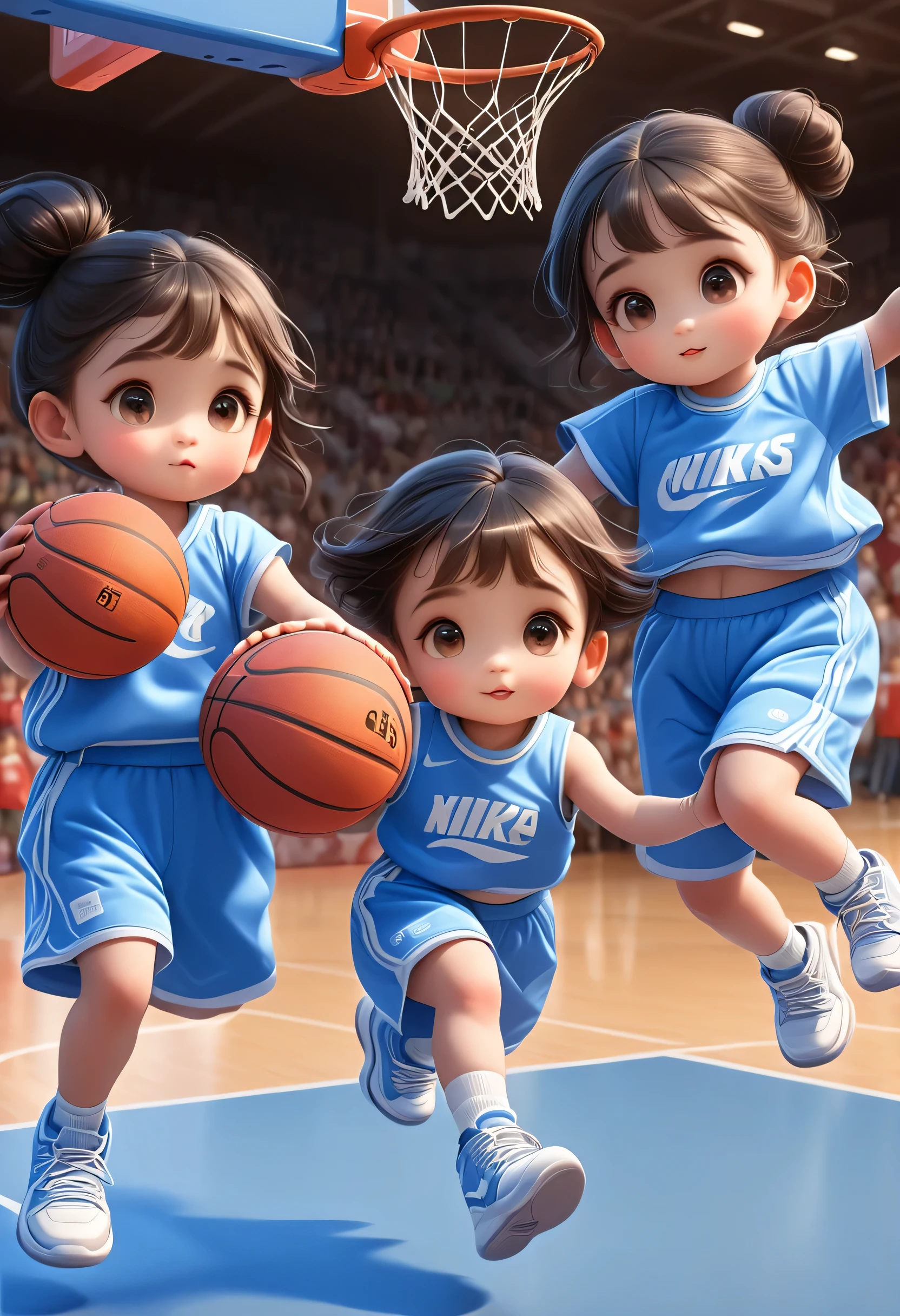 3D, 2 boys, 2 girls, basketball, basketball court, shooting the ball into the basket, Tracksuit, Cartoon style, sport stadium