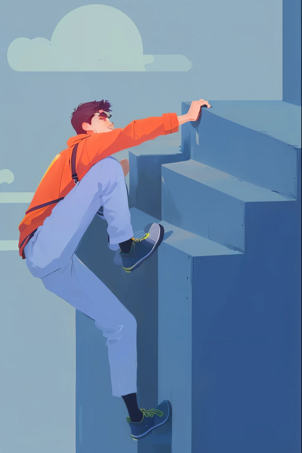 a man escalando up a steep hill with a backpack on his back, pisando em torres, Impossible stairs, descendo as escadas, 2D Illustration, 2D Illustration, escalando up a cliffside, medo de alturas, simple illustration, flat illustration, An illustration, Parkour, escalando, Wikihow illustration, digital illustration, digital art illustration, imagem de fundo