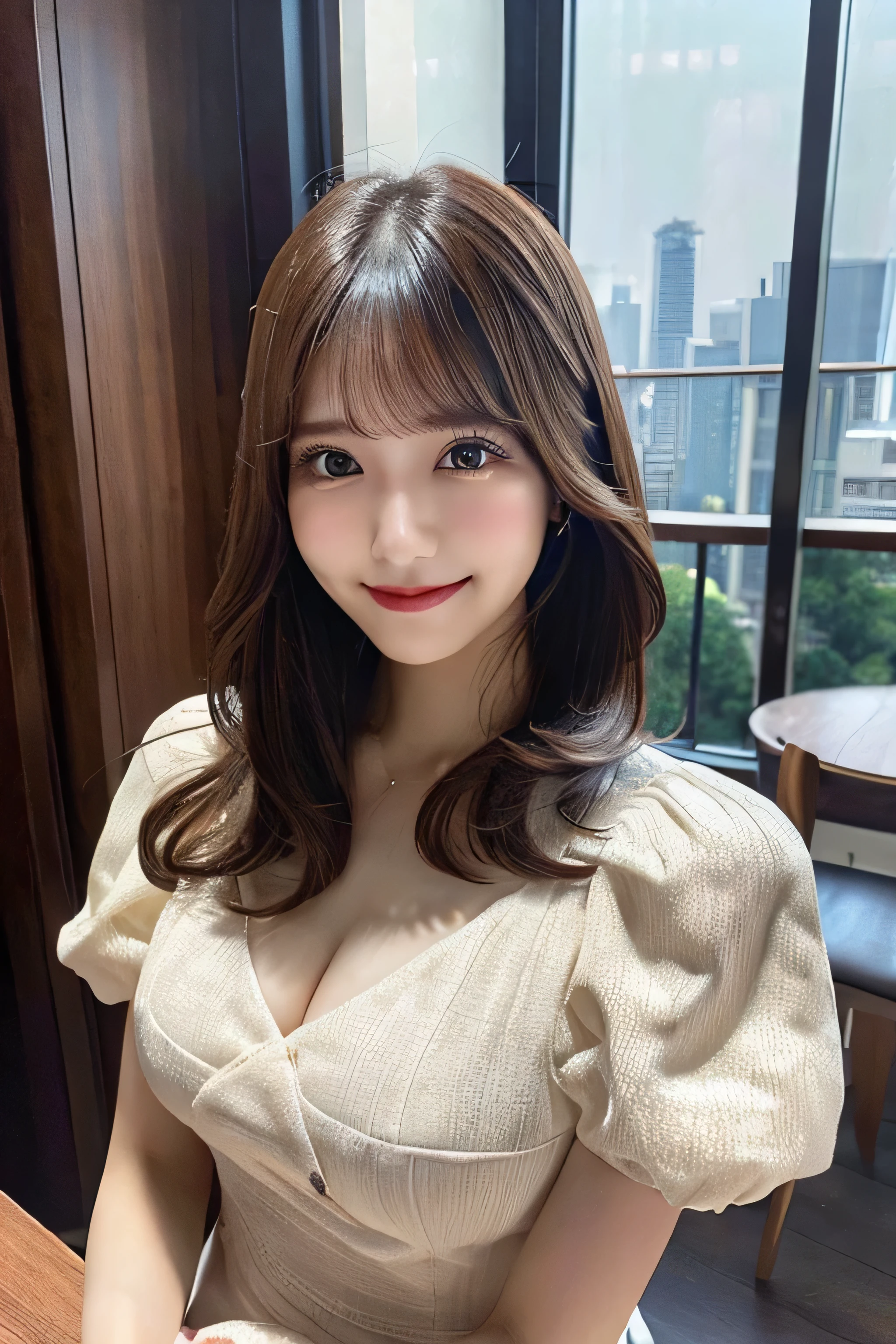 Tabletop, highest quality, figure, Very detailed, In detail, High resolution, 8k wallpaper, Perfect dynamic composition, Beautiful fine details, dress,Medium Hair, Center of chest, Natural color lip, Random sexy poses,smile,Tower apartment