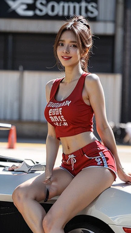 (High resolution 8K),( highest quality), Very detailed, (masterpiece), Realistic,  Very detailedなかわいい女の子,( Age 25), (From the whole body to the toes:1.2),(Shooting from the side:1.2),(sitting on the hood of a car),(Race Queen),(Natural pose),(Hair tying pose),(Big Breasts),(Big Ass),(Smiling at the camera),( Smiling while looking at the camera ),(Full Body Shot:1.2) ,((Side shot 1.2)),(ponytail),(photoRealistic:1.3),((Wear a sponsored grid girl costume,Wearing a tank top with a logo printed on it)), ((Red logo print shorts)),(Participate in a motorsport race), (Look at me and smile),
