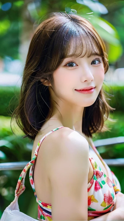 (masterpiece:1.3), (8k, Photorealistic, RAW Photos, Best image quality: 1.4), Japanese 、(Random Hairstyles:1.2)、Cleavage:1.4、Super detailed face、Pay attention to the details、double eyelid、Sharp focus:1.2、Beautiful woman:1.4、Light brown hair、highest quality、masterpiece、Ultra-high resolution、(Photorealistic:1.4)、Half-laugh、Swimwear、short hair、Browsing Caution, (Compresses on the chest:1.3)