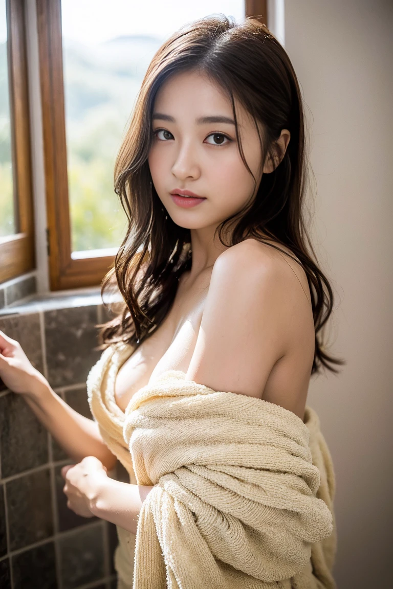 Dark brown hair、Light brown eyes、The Face of Japan、 Lady、I am about 40 years old....1 person、(Intricate details:1.2)、 (Ultra-high resolution:1.2)、Ultra-high resolution、(Finely tuned)、8k resolution、D cup size breasts、Long Hair、masterpiece，highest quality、Bathroom、Beautiful legs、Beautiful Valley、Wet Hair、Wet Skin、Wrap a bath towel around your body、Water Drop、just out of the bath、Messy updo、Body wrapped in a bath towel、Bare shoulders、Bare arms、Bare legs、