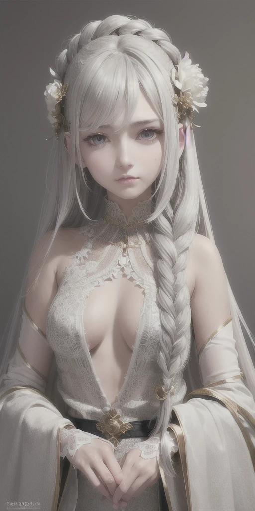 best quality, masterpiece,gray hair, golden eyes,white clothes, search,hair,fair skin,side braids,,(very detailed),(Really delicate and beautiful face),(detailed beautiful eyes),big bust