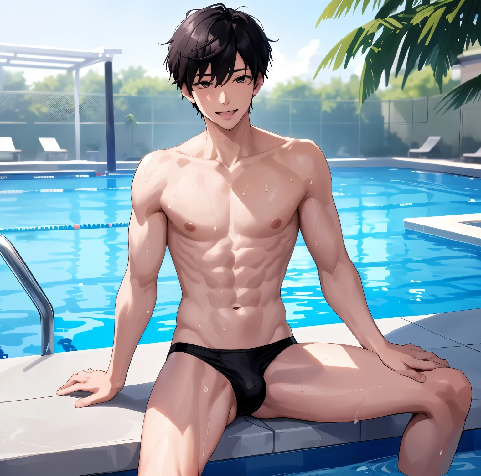 Anime boy in black swimming trunks sitting by the swimming pool, Cool anime poses, Anime handsome man, Tall anime man with blue eyes, Smooth anime CG art, Kentaro Miura Art, Realistic shadows perfect figure, male anime character, Realistic perfect body, High resolution commissions, Wearing a swimsuit, Young anime man, In the anime painter studio