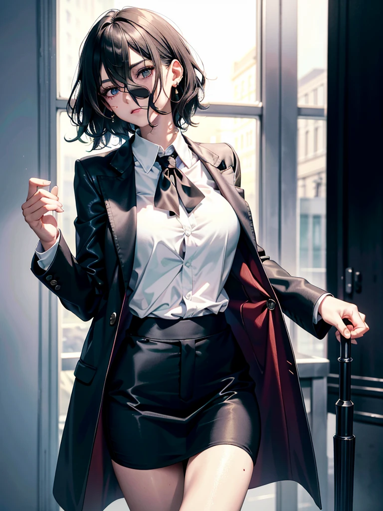 absurdres, RAW photo, extremely delicate and beautiful, masterpiece, Best Quality, ultra high resolution, 32k, hyperrealistic, ultra-detailed, perfect anatomy, anatomically correct, perfect figure, super Detailed skin, 20 years old, very Slim body, narrow waist, very small head, very small face, delicate facial features, detailed face, detailed eyes, tearful mole, earring, thin legs, bare legs, very huge round breasts, short medium hair, ((wavy hair)), wet clothes, ((business suit)), white shirt, black skirt, (coat), detailed weapon,