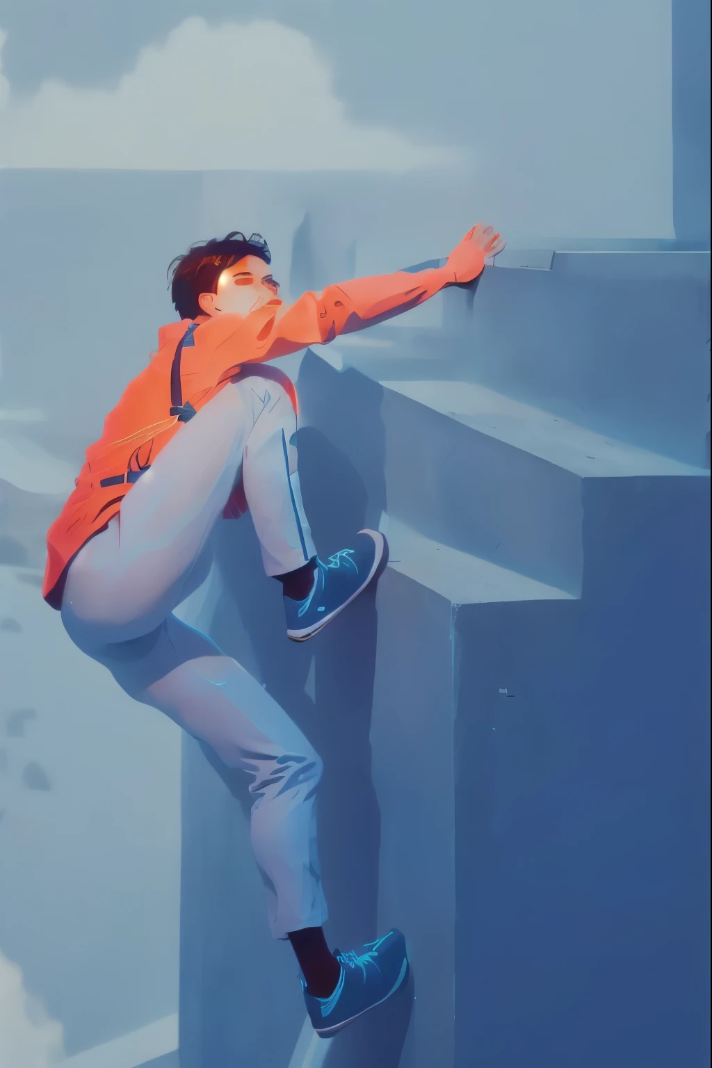 a man escalando up a steep hill with a backpack on his back, pisando em torres, Impossible stairs, descendo as escadas, 2D Illustration, 2D Illustration, escalando up a cliffside, medo de alturas, simple illustration, flat illustration, An illustration, Parkour, escalando, Wikihow illustration, digital illustration, digital art illustration, imagem de fundo