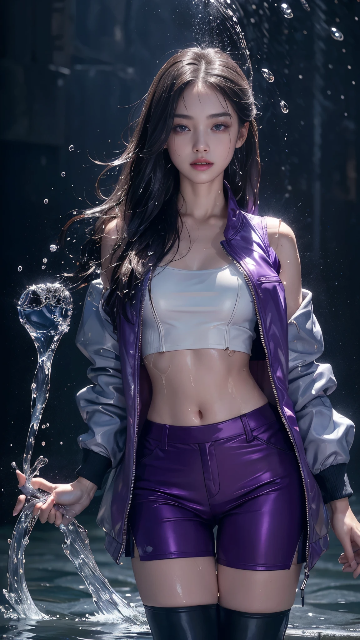 8k, masterpiece, 1 girl, beautiful face, very long hair, light makeup, (wet skin:1.3), detailed eyes, detailed lips, small bust, simple jacket, wet purple V vest, purple mini skirt, ((under pants)), ((bare thigh)), straps clothing, (water falling:1.4), steam effect, water vapour,