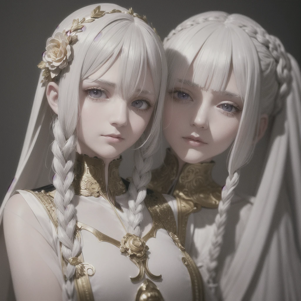 best quality, masterpiece,White hair, Golden Eyes,White clothes, look up, Upper Body,Hair,White skin,Side Braid