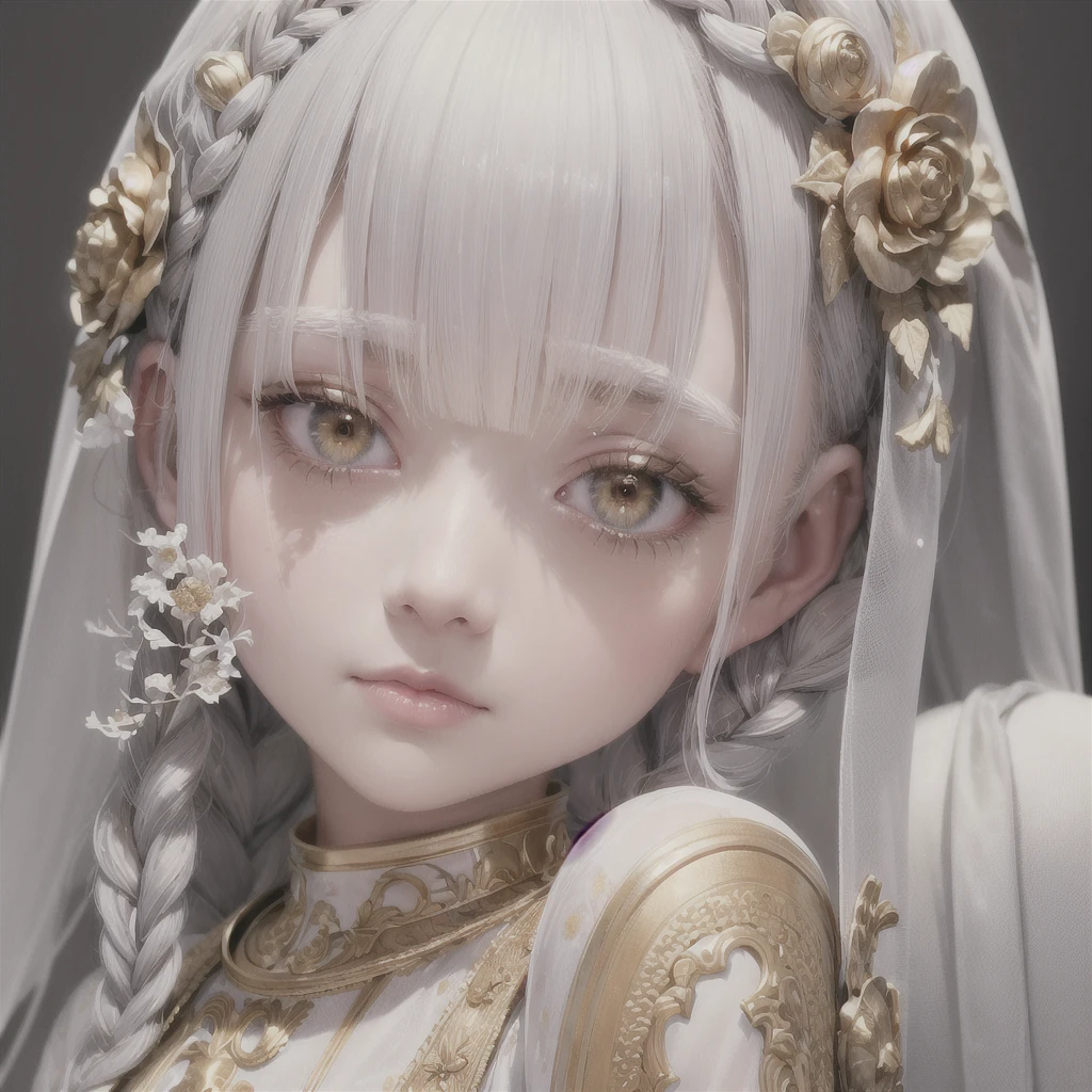 best quality, masterpiece,gray hair, golden eyes,white clothes, search,hair,fair skin,side braids,,(very detailed),(Really delicate and beautiful face),(detailed beautiful eyes),big bust