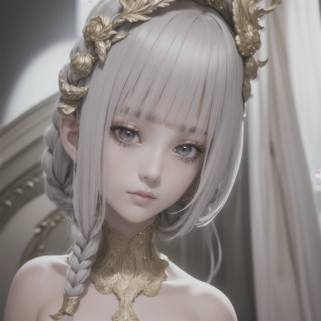 best quality, masterpiece,gray hair, golden eyes,white clothes, search,hair,fair skin,side braids,,(very detailed),(Really delicate and beautiful face),(detailed beautiful eyes),big bust