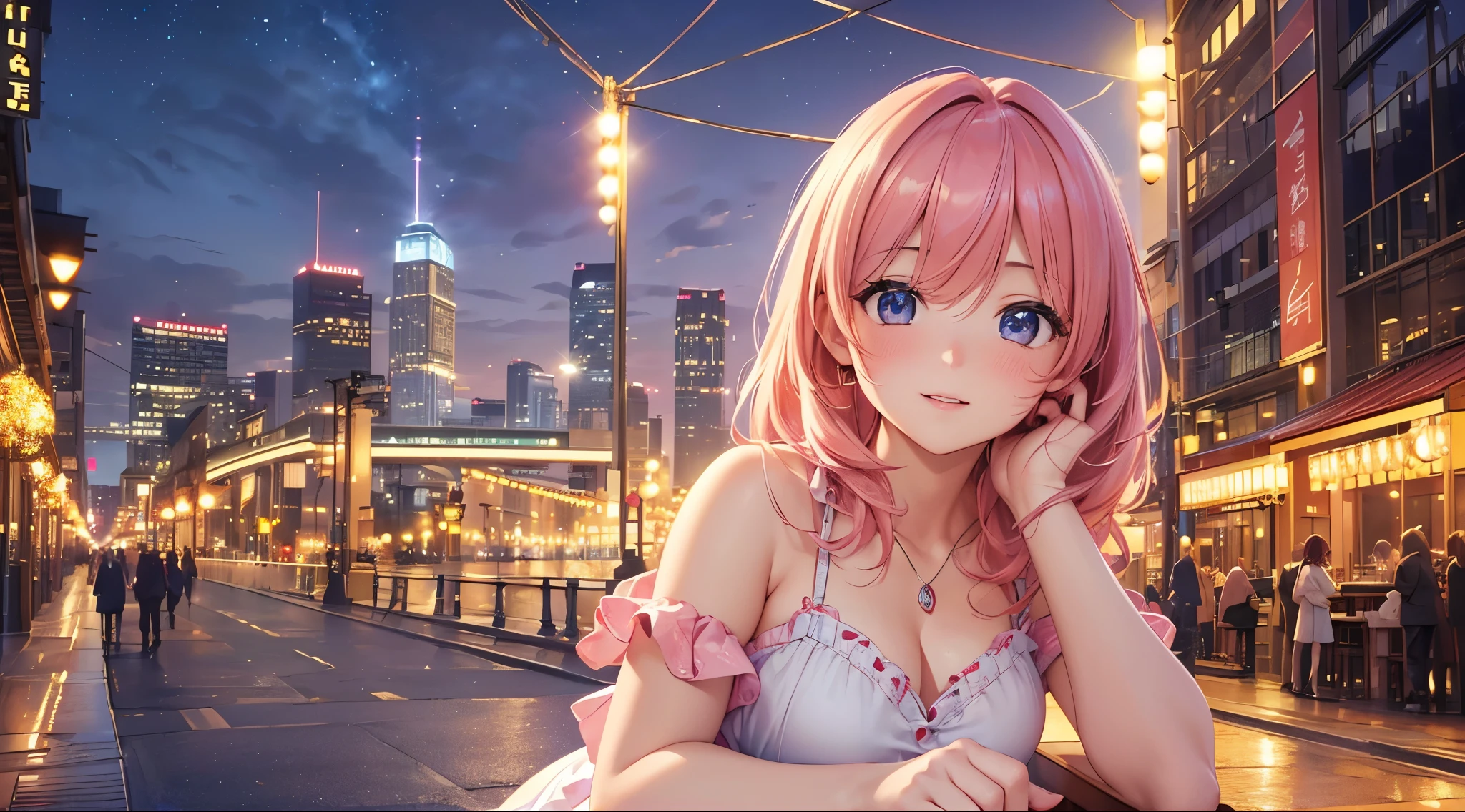 (best quality,4k,8k,highres,masterpiece:1.2),ultra-detailed,(realistic,photorealistic,photo-realistic:1.37),portraits,pink hair,cute girl,short dress,adorable pose,blushing,beautiful detailed eyes,city scenery,lively background,soft colors,festive lighting,subtle bokeh