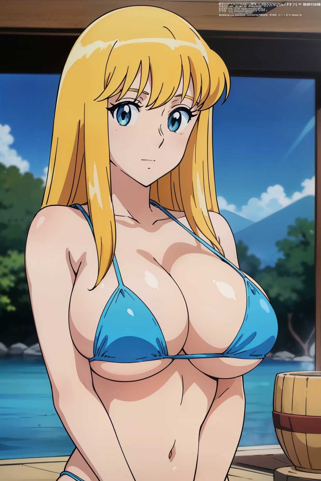 (anime cels style, Masterpiece, best quality, high resolution, anime colored, megami magazine:1.2, anime poster style, anime keyvisual, sharp, 8k, photorealistic), (beautiful eyes:1.5), reiko_aiwaifu, 1woman, milf, blond hair, long hair, (sagging huge breast), micro bikini, cleavage, (upper body:1.5), sitting, (perfect detailed anatomy, perfect arms, perfect fingers, beautiful face, perfect body, shiny skin), onsen, 