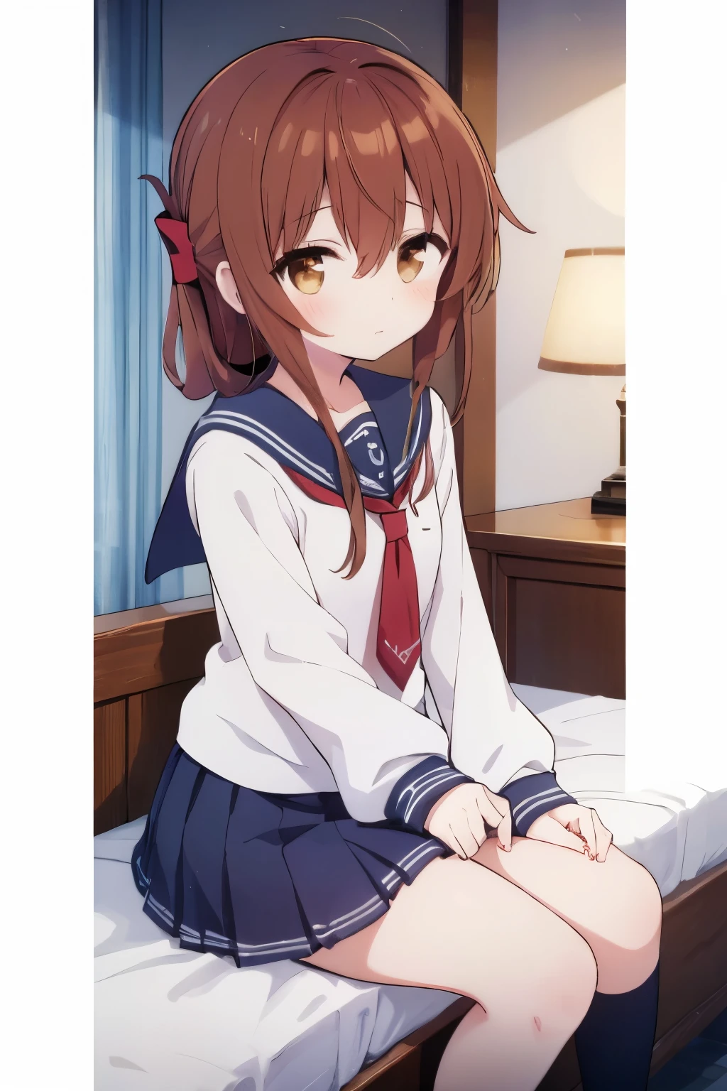 (masterpiece, best quality:1.2),illustration,8k,hd,1girl,solo,upper body,(portrait:1.2),brown_hair,folded_ponytail,brown_eyes,serafuku,long_hair,school_uniform,skirt,pleated_skirt,