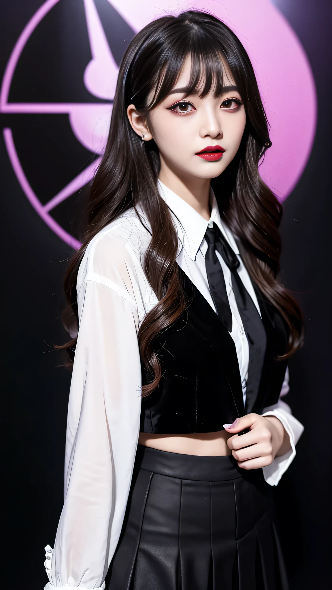 best quality、ultra-detailed、4k、Japanese、Seductive beauty、seductive adult woman、Pretty Woman、cool girl、Villainess、Brainwashed、brainwash、Fallen into evil、smirk、Evil look、Wicked Smile、evil、Brown hair、wavy hair、swept bangs、dark makeup、dark makeup、piercing eyes、hollow eyes,half-closed eyes、Hollow Eyes、purple Eyeshadow、black lipstick、black lipglos、student、blazer、White Shirt、Black Ribbon、flare skirt、night、inside school、Have lipstick、Emblem of Evil、Crest of Darkness、Swear allegiance、I have pledged my allegiance、Dye black、Blackening、Stained with evil、Dyed in darkness、Seduce