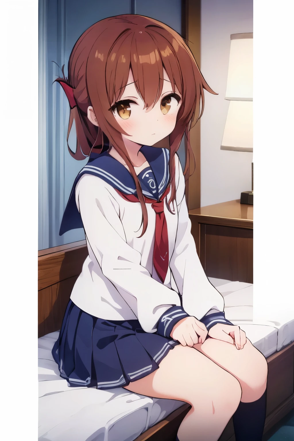 (masterpiece, best quality:1.2),illustration,8k,hd,1girl,solo,upper body,(portrait:1.2),brown_hair,folded_ponytail,brown_eyes,serafuku,long_hair,school_uniform,skirt,pleated_skirt,