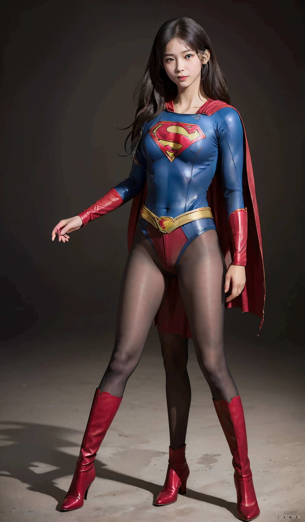 No background、(((Beautiful legs in black tights.)))、(((Legally express the beauty of your smile)))、((((Make the most of your original images)))、(((Supergirl Costume)))、(((Beautiful boyish hairstyle)))、(((suffering)))、(((Please wear black tights....、Wear red boots)))、((Best image quality、8k))、((highest quality、8k、masterpiece:1.3))、(((Preserve background )))、Sharp focus:1.2、Beautiful woman with perfect figure:1.4、Slim Abs:1.2、Wet body:1.5、Highly detailed face and skin texture、8k