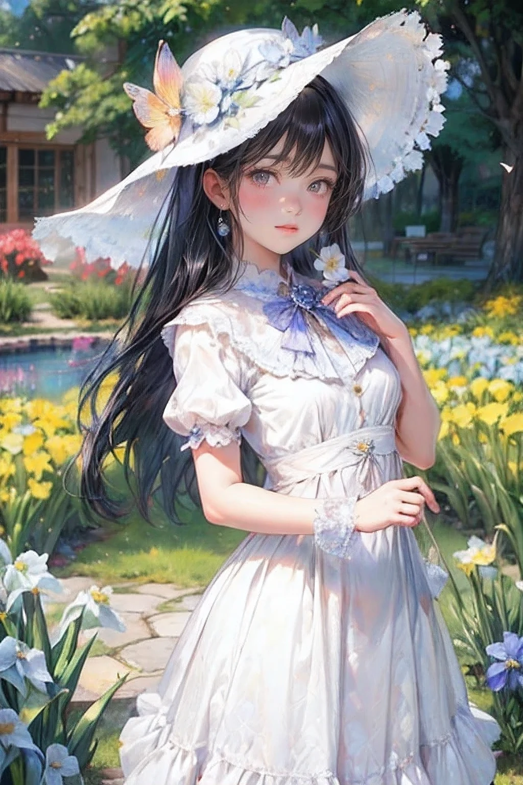 masterpiece:1.2,highest quality, 16k, ultra-realistic:1.37, beautiful detailed, cute girl, standing stylish sun shade formal hat with ribbon and vibrant colors irises ornaments, through bangs, long eyelash, sparkling eyes, shining lips, gently smile, beautiful delicate(hat, ornament, hair, face, eyelash, eyes, pupils, lips, hands, white dress), garden(flowers, irises, butterfly, pond)
