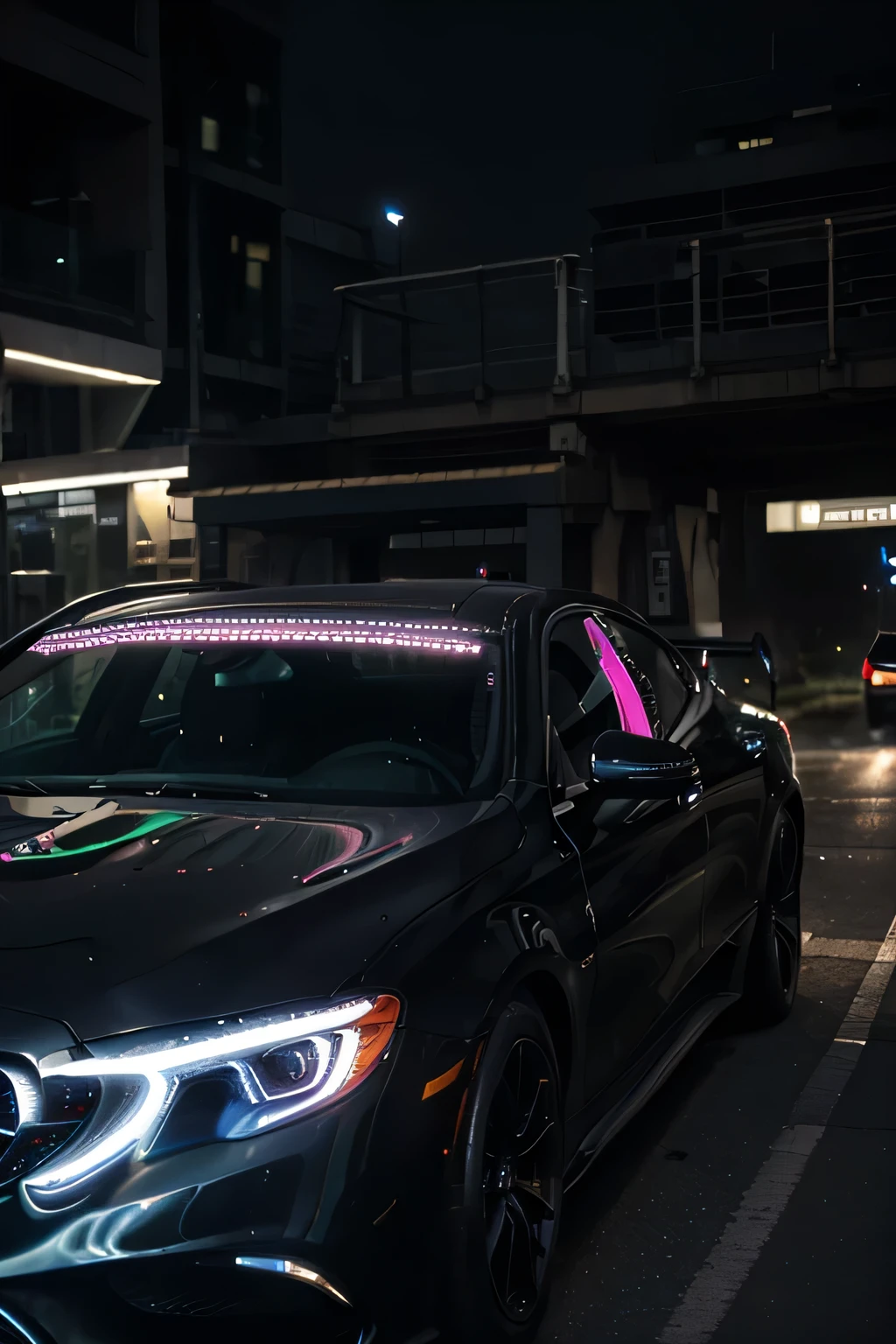 I can't create images directly, but I can help you imagine it with words! Picture this: Title: Midnight Velocity: The Cyberpunk S-Class Description: In the heart of a bustling metropolis, where neon lights paint the sky in vibrant hues of blue and pink, a sleek silhouette slices through the urban chaos. It's the Mercedes S-Class 223, redefined for the cybernetic era. Exterior: The body, cloaked in midnight black, gleams under the city lights, reflecting the neon glow in an iridescent sheen. Its lines are sharp, angular, a fusion of elegance and aggression. A sports body kit accentuates its aerodynamic form, with carbon fiber elements adding a futuristic edge. Front: At the front, piercing LED headlights carve through the darkness like beams of light, framed by a dynamic grille that seems to pulsate with energy. The Mercedes emblem, a symbol of luxury and innovation, glows with an ethereal luminescence, marking its presence on the urban landscape. Side: As it hurtles down the street, the S-Class leaves a trail of motion blur in its wake. Low-profile tires, mounted on bespoke alloy wheels, grip the asphalt with authority, while streamlined side skirts channel airflow and enhance stability at high speeds. Rear: From behind, the car exudes power and agility. Twin exhaust outlets emit a low, rumbling growl, hinting at the potent engine hidden beneath the hood. A sculpted diffuser, accented by LED taillights that form a seamless light bar, completes the futuristic aesthetic. Interior: Inside, the cockpit is a symphony of luxury and technology. Carbon fiber accents adorn the dashboard and door panels, while ambient lighting bathes the cabin in a soft, celestial glow. The driver's seat, wrapped in premium leather, offers unparalleled comfort and support, with intuitive controls at your fingertips. Speed: With a gentle press of the accelerator, the S-Class surges forward, effortlessly blending into the rhythm of the city. Its electric powertrain delivers insta
