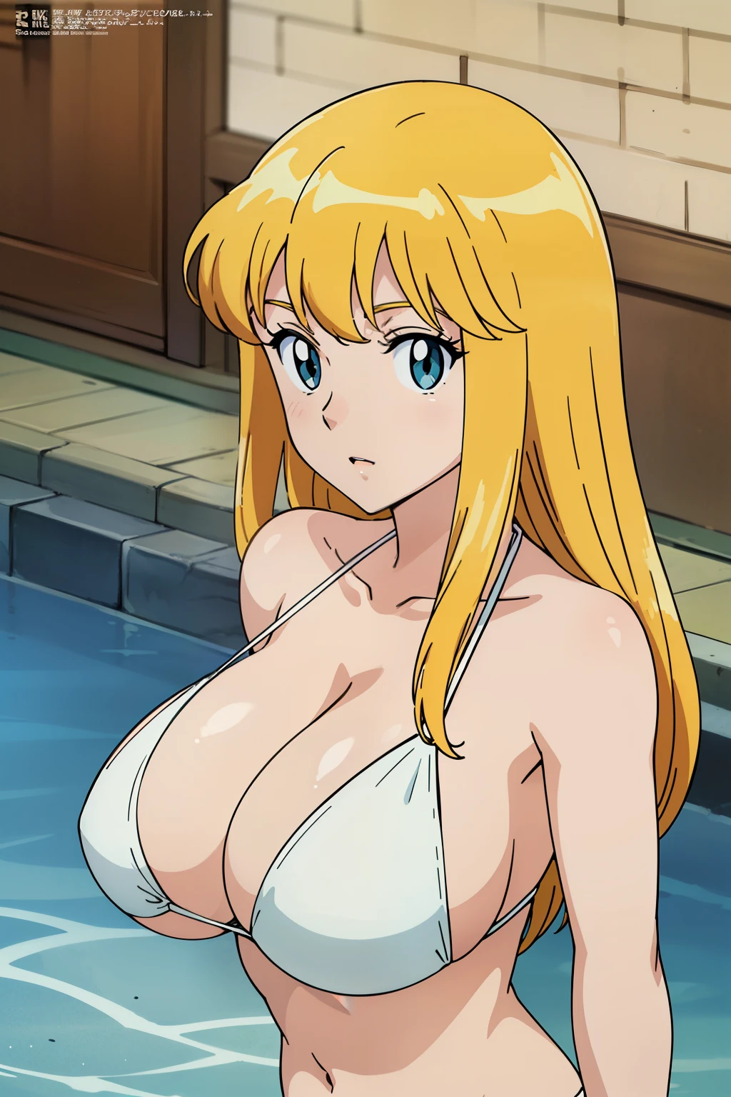 (anime cels style, Masterpiece, best quality, high resolution, anime colored, megami magazine:1.2, anime poster style, anime keyvisual, sharp, 8k, photorealistic), (beautiful eyes:1.5), reiko_aiwaifu, 1woman, milf, blond hair, long hair, (sagging huge breast), micro bikini, cleavage, (upper body:1.5), sitting, (perfect detailed anatomy, perfect arms, perfect fingers, beautiful face, perfect body, shiny skin), onsen, 