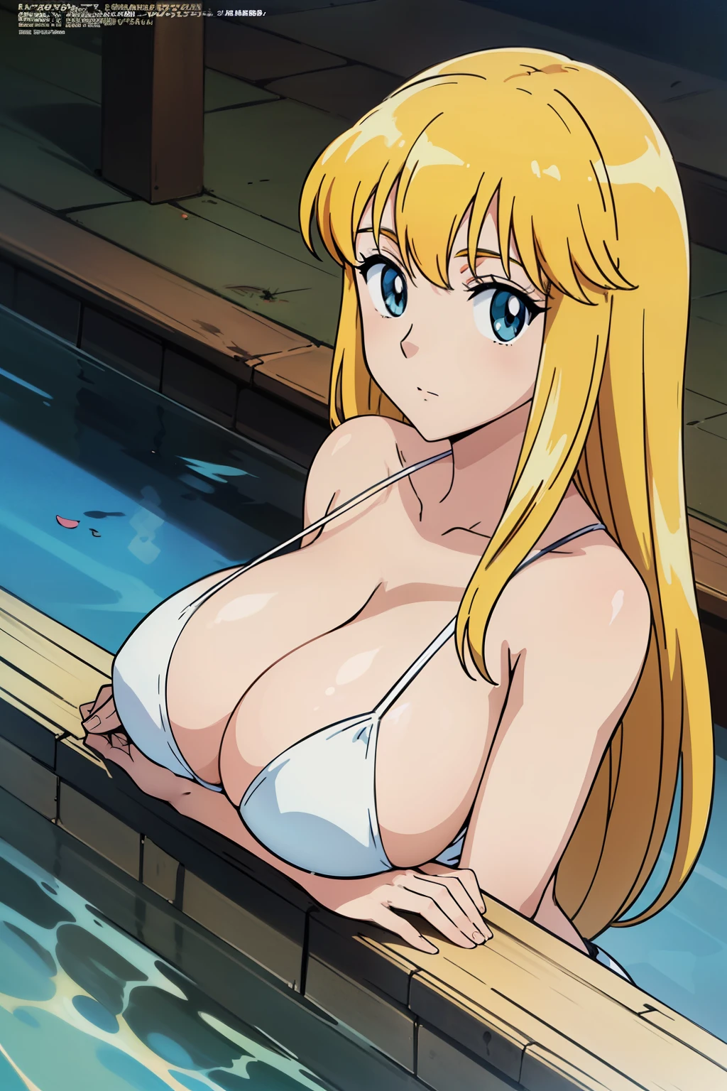 (anime cels style, Masterpiece, best quality, high resolution, anime colored, megami magazine:1.2, anime poster style, anime keyvisual, sharp, 8k, photorealistic), (beautiful eyes:1.5), reiko_aiwaifu, 1woman, milf, blond hair, long hair, (sagging huge breast), micro bikini, cleavage, (upper body:1.5), sitting, (perfect detailed anatomy, perfect arms, perfect fingers, beautiful face, perfect body, shiny skin), onsen, 