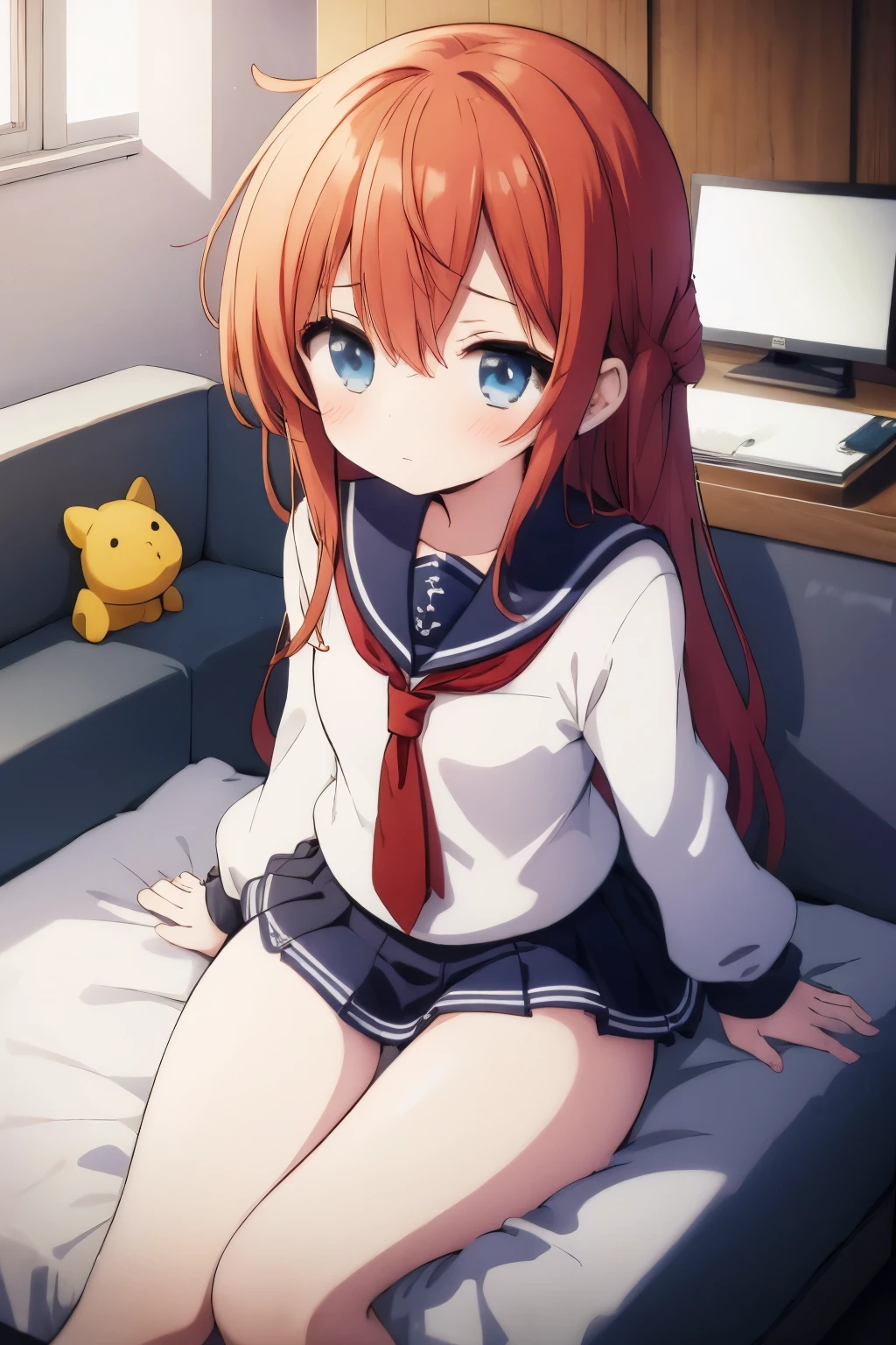 An unwell high school girl wearing a miniskirt sailor suit in the health room