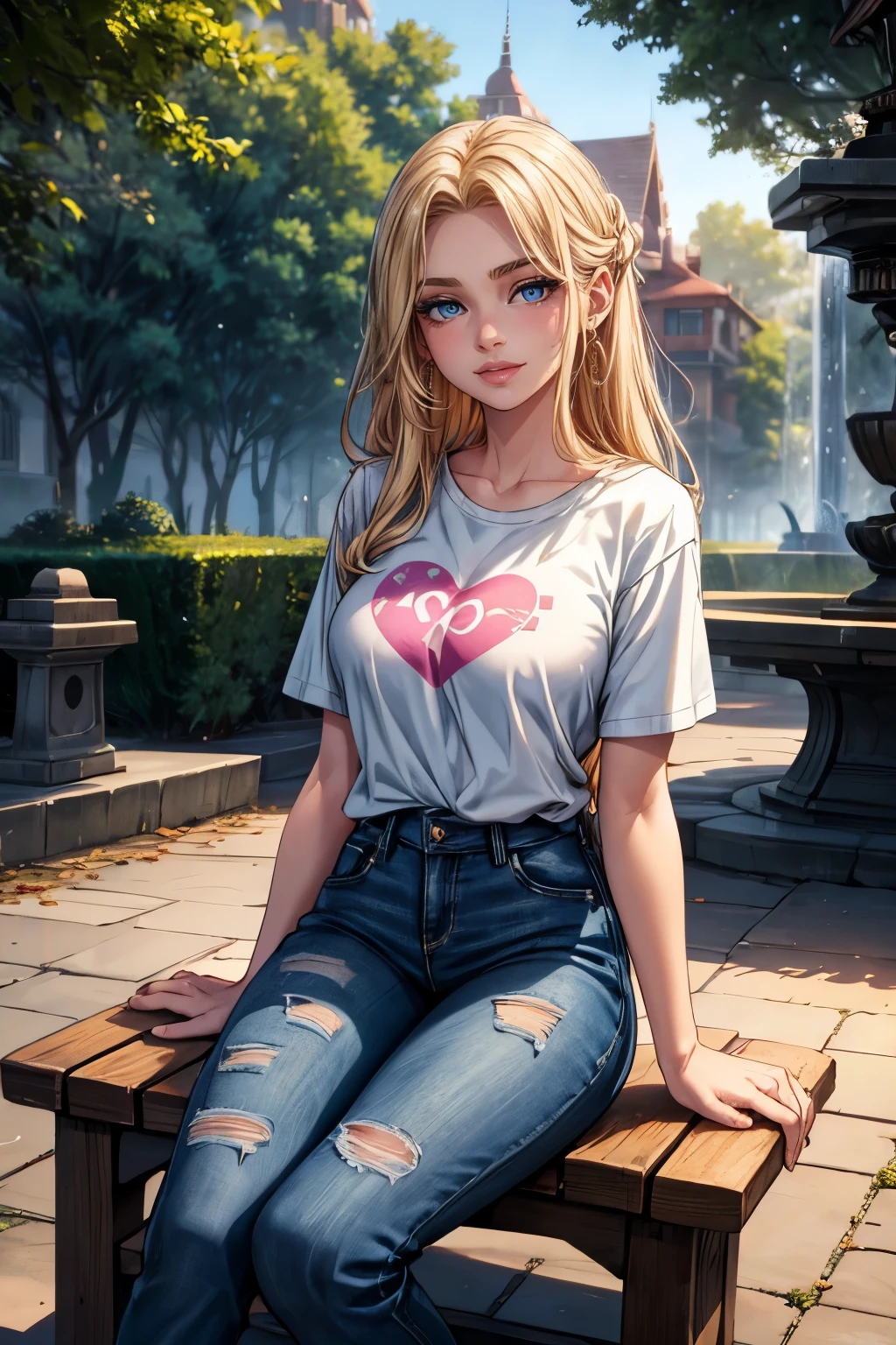 one girl, ((full body)), solo, 18-year-old blonde beauty, pale blue eyes, carefree demeanor, delicate frame, long blonde hair cascades down her back, her hair are framing her heart-shaped face, eyes hold a sparkle of excitement, wonderful smile, sitting on bench in park, checking her phone, ripped jeans, pink t-shirt, (cinematic lighting, perfect lighting), (vivid colors), very detailed. very high resolution, sunset, realism
