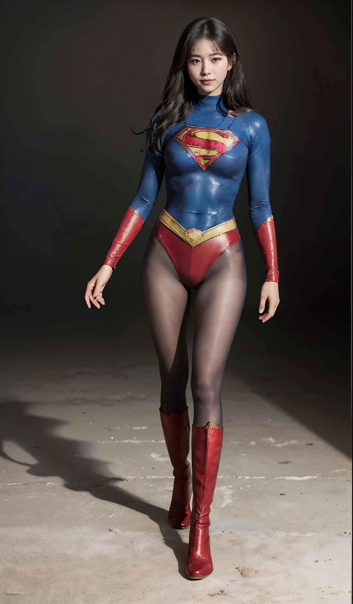 No background、(((Beautiful legs in black tights.)))、(((Legally express the beauty of your smile)))、((((Make the most of your original images)))、(((Supergirl Costume)))、(((Beautiful boyish hairstyle)))、(((suffering)))、(((Please wear black tights....、Wear red boots)))、((Best image quality、8k))、((highest quality、8k、masterpiece:1.3))、(((Preserve background )))、Sharp focus:1.2、Beautiful woman with perfect figure:1.4、Slim Abs:1.2、Wet body:1.5、Highly detailed face and skin texture、8k