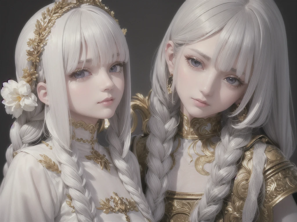 best quality, masterpiece,gray hair, golden eyes,white clothes, search,hair,fair skin,side braids,,(very detailed),(Really delicate and beautiful face),(detailed beautiful eyes),big bust