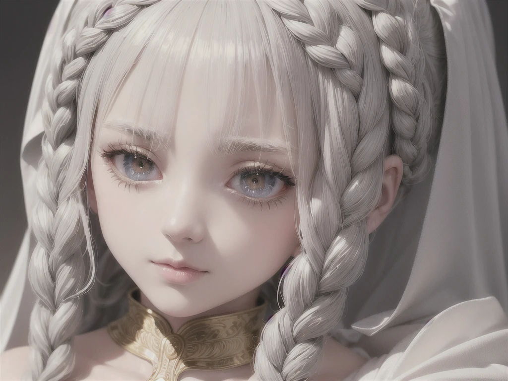 best quality, masterpiece,gray hair, golden eyes,white clothes, search,hair,fair skin,side braids,,(very detailed),(Really delicate and beautiful face),(detailed beautiful eyes),big bust