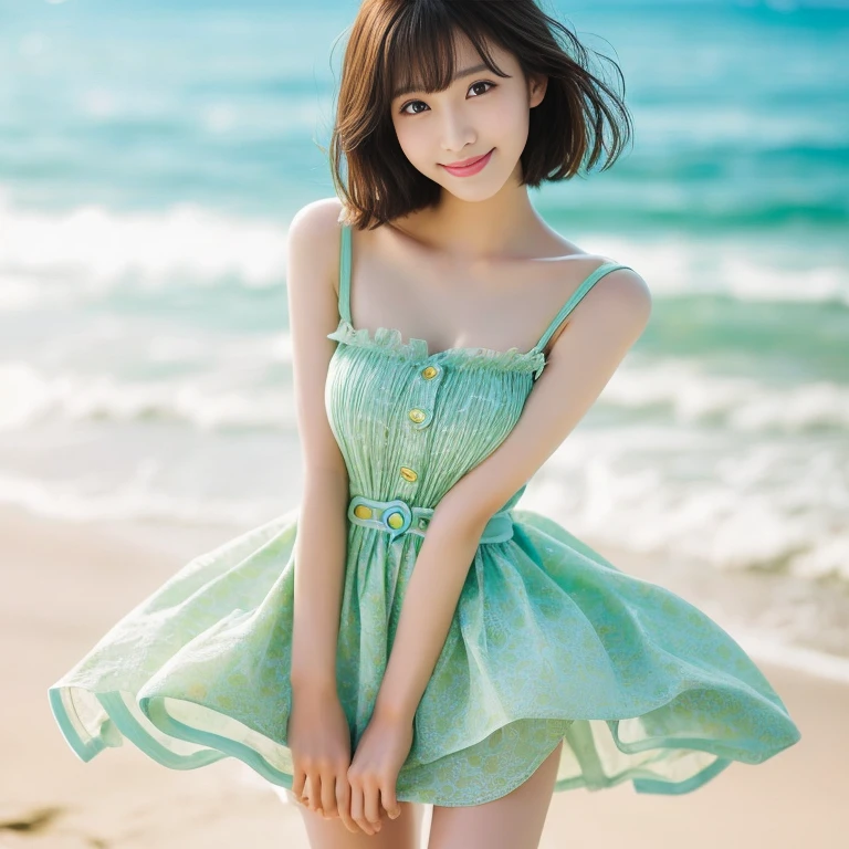 Photo-realistic quality、A fifty-year-old Japanese woman takes a photo on the beach wearing a one-piece dress, Beautiful girl model, Beautiful Japanese Girl, pretty girl, Japanese Model, Beautiful Japanese Girlの顔, Sheer summer dress, Beautiful cute, Slim girl model photo, Young and cute gravure idol, Cute young woman, Cute Core、looking at the camera、Soft and gentle expression、Detailed and beautiful eyes、Detailed and beautiful face、Golden ratio eyes, mouth and nose、Cute smile