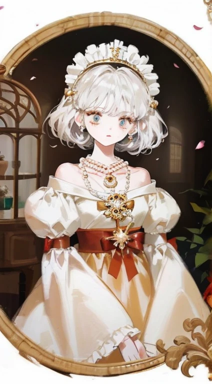 flying butterflies,fluttering petals,Flying hair,Soft lighting,soft focus,Foggy picture,Huge stained glass windows,Windows are transparent,1 girl,Golden cage,thorny vines,Red butterfly,mittens,(very complicated),Exquisite,Complex hairstyles,long skirt,RococoStyle,Bow knot,Cross straps,Gorgeous dress,Big skirt,A frill,love decoration,(Elegant vintage clothing design),outlet,White hair,long white hair,Image brightness is high,low contrast,The overall feeling is like an oil painting.,tropical garden,Close-up,Close-up Shot Shot,gems,diamond,crystal,bejeweled headdress,Pearl necklace