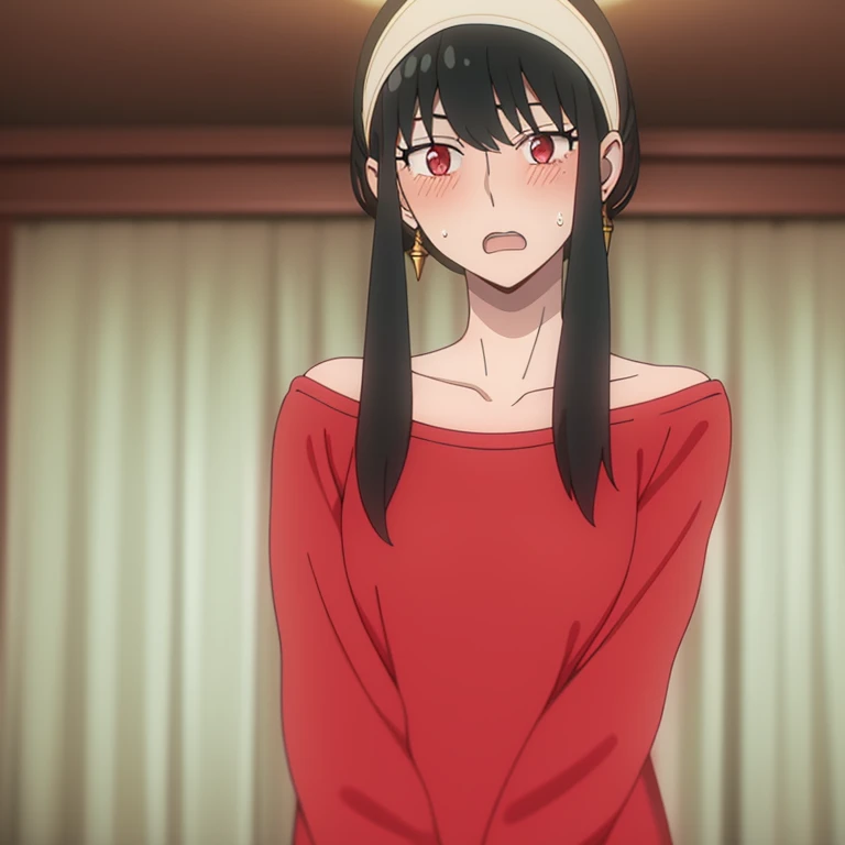 yor briar, 1girl, blush, black hair, hairband, jewelry, open mouth, solo, wide-eyed, sidelocks, red sweater, Joel, 1girl, long hair, bangs, gold earrings, red eyes, upper body, sweater, surprised, bangs, collarbone, off shoulder, white hairband, bare shoulders, indoors, long hair, gold earrings, sweat, looking at viewer, short hair with long locks, breasts, Exquisite visuals, high-definition,masterpiece,best quality,Exquisite visuals,high-definition,masterpiece,best quality,18yo,Young female,Beautiful Fingers,Beautiful long legs,Beautiful body,Beautiful character design, 