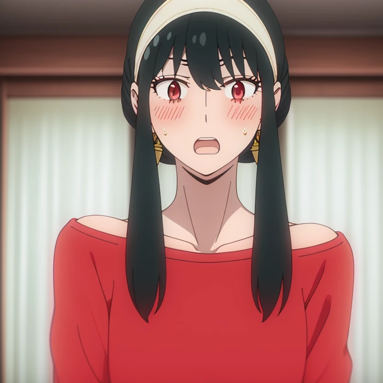 yor briar, 1girl, blush, black hair, hairband, jewelry, open mouth, solo, wide-eyed, sidelocks, red sweater, Joel, 1girl, long hair, bangs, gold earrings, red eyes, upper body, sweater, surprised, bangs, collarbone, off shoulder, white hairband, bare shoulders, indoors, long hair, gold earrings, sweat, looking at viewer, short hair with long locks, breasts, Exquisite visuals, high-definition,masterpiece,best quality,Exquisite visuals,high-definition,masterpiece,best quality,18yo,Young female,Beautiful Fingers,Beautiful long legs,Beautiful body,Beautiful character design, 