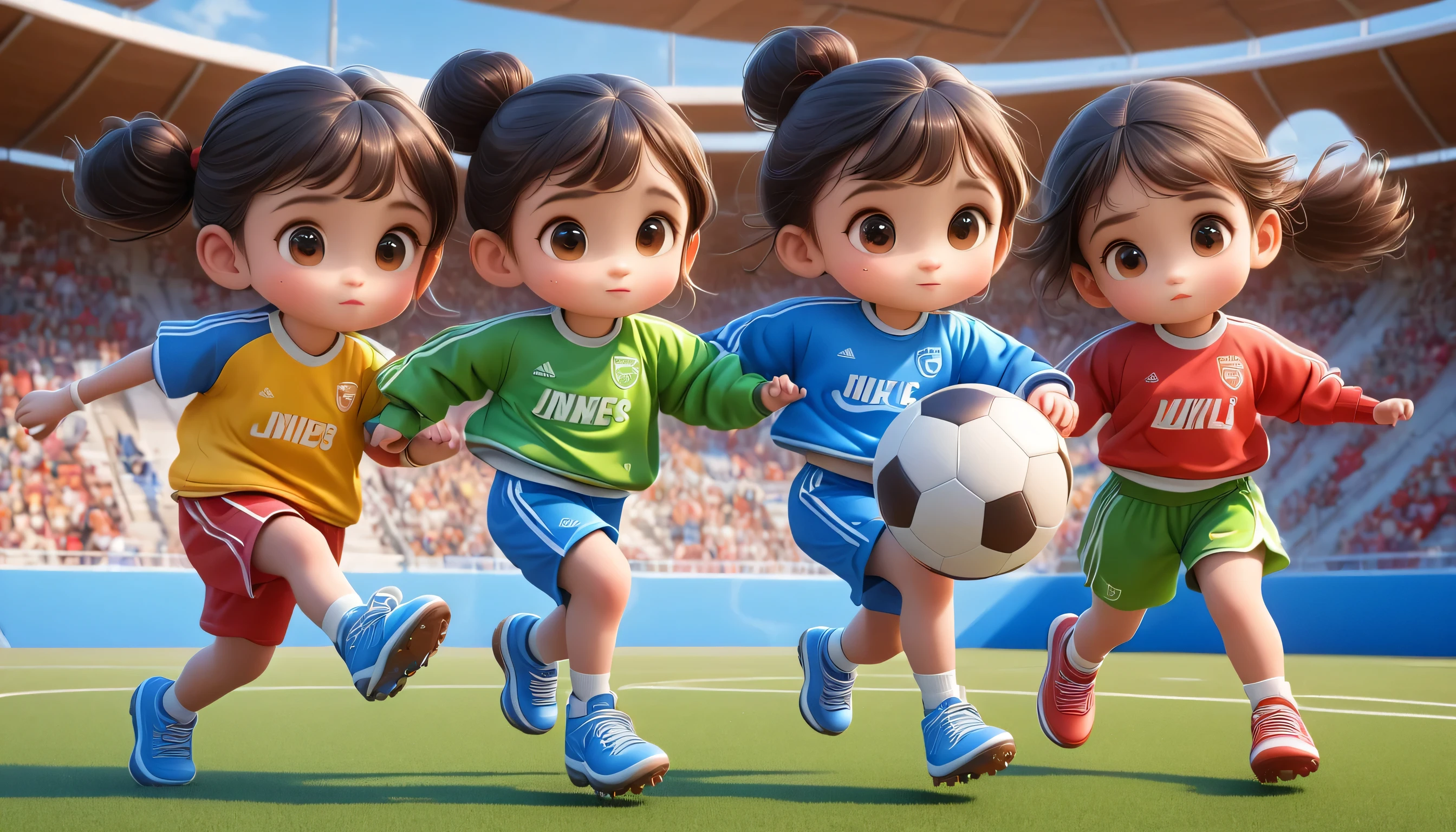 3D, 2 boys, 2 girls, football, football court, shooting the ball into the basket, Tracksuit, Cartoon style, sport stadium
