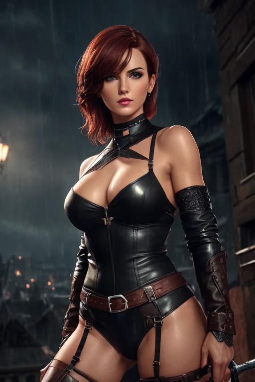 (a detailed portrait RAW photo of a gorgeous beautiful ((German)) , realistic, solo, side view, POV, looking in camera, intense stare, (masterpiece),(photorealistic:1.3), nfsw, ultra-detailed, (high detailed skin:1.2),(best quality:1.0), (ultra highres:1.0), fit, back light, choker, slim, choker, beautiful, Wearing a stylish body fitting leather fantasy clothes, loincloth, fantasy rogue, short hair, 2 strands of hair tendrils, bangs, Accessorized with leather armband and holding a dagger, sneaking, sneaking pose, looking off into the distance, Captured from an above view angle, The scene set in a dark city at night. Best quality, 4k, Masterpiece :1.3), pretty woman, 1girl, (breasts, attractive body :1.2), abs :1.1, red brown hair: 1.1, makeup, black eyeshadow, black eyeliner, red blush, (rainy wet, wet from rain, wet body :1.2), (wet hair), ultra-detailed face, detailed lips, mouth closed, red lipstick, detailed eyes, green eyes, double eyelid, high leather boots, garter over right thigh
