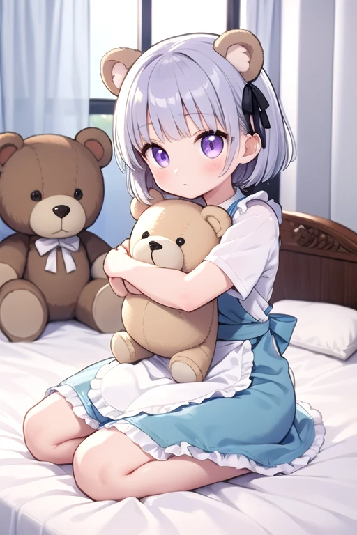 Bright room,pillow,seiza on bed,curtain,Grey short hair,White bear ears with hair ribbon,Purple eyes,White apron,Light blue fluffy short sleeves,Light blue dress,alone,(Expressionless:0.8),hugging a teddy bear,