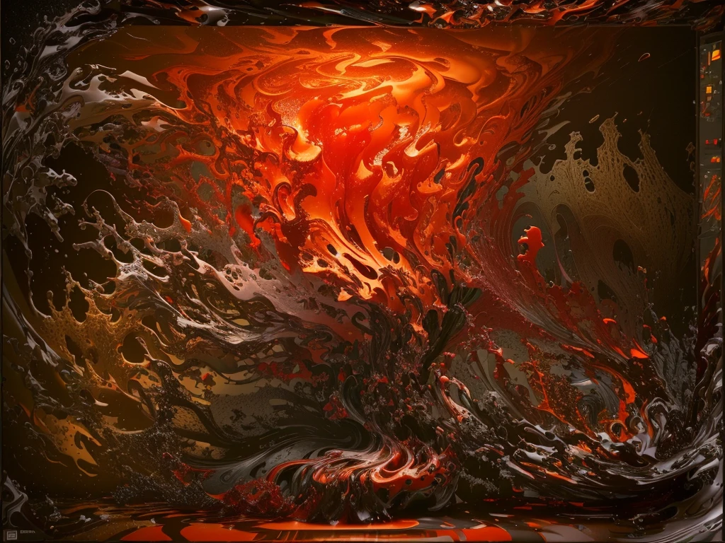 There is a very large red object in the middle of a dark background, 3 d Fluid simulation render, chaotic swirling ferrofluids, rendered in houdini, houdini Fluid simulation, Epic 3D Abstract Model, Fluid simulation in houdini, Fluid simulation, rendered in maya and houdini, rendered, black Fluid simulation, intricate artwork. Octane render