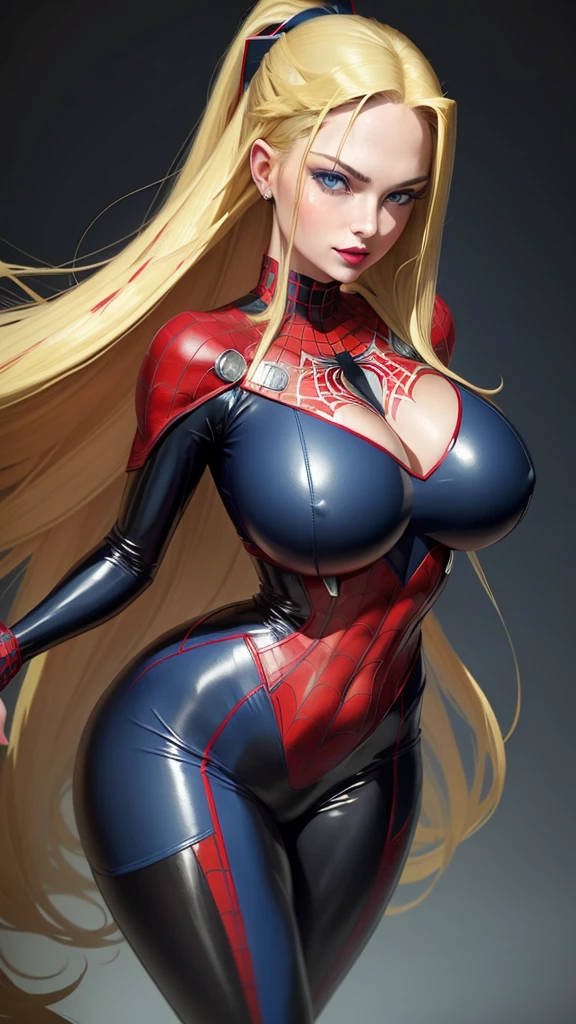 ((masterpiece, best quality, ultra-detailed, ultra-HD, photorealistic, cinematic)), (masterpiece:1.0), (best_quality:1.2), ((Full body photo)). Emily/woman is standing, (Spider-Man/Ultraman hybrid costume with blue jewelry on the plate/extremely tight on the body/extremely exhibitionist:1.2)), wearing (red lipstick on the mouth:1.0), full body view, facing the viewer, hand on hips, legs parted, confident stance, proud stance, smiling, (naive face), posing, (Defined full lips), blood ipstick on the lips. She has (long blonde hair, slick:1.5) and (blue eyes:1.5), Mortal Kombat, anime, framed, symmetry, 16k, best quality, super detail, textured skin, UHD, (chubby:1.2), (huge breasts:1.4de hips:1.3)