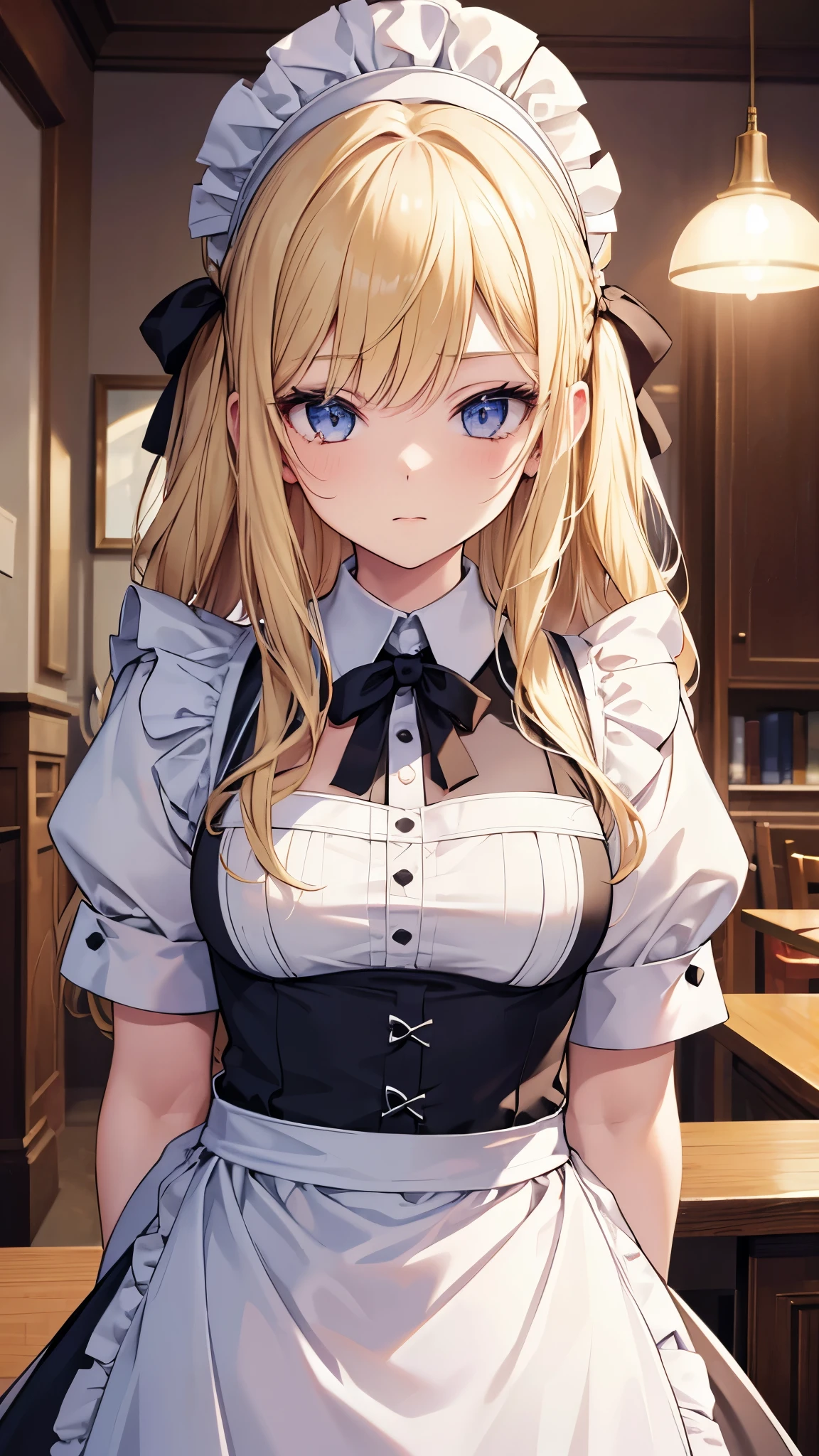 Best lighting, Absurd, masterpiece, highest quality, Ultra-detailed illustrations, (One girl:1.3), Absurd high detailed face, Mid-chest, Long blonde hair, Maid clothes, apron, maid apron, Maid's Headdress, Short dress, Detailed blue eyes, Twin tails, indoor, window, shy, blush, cute, Hands in front