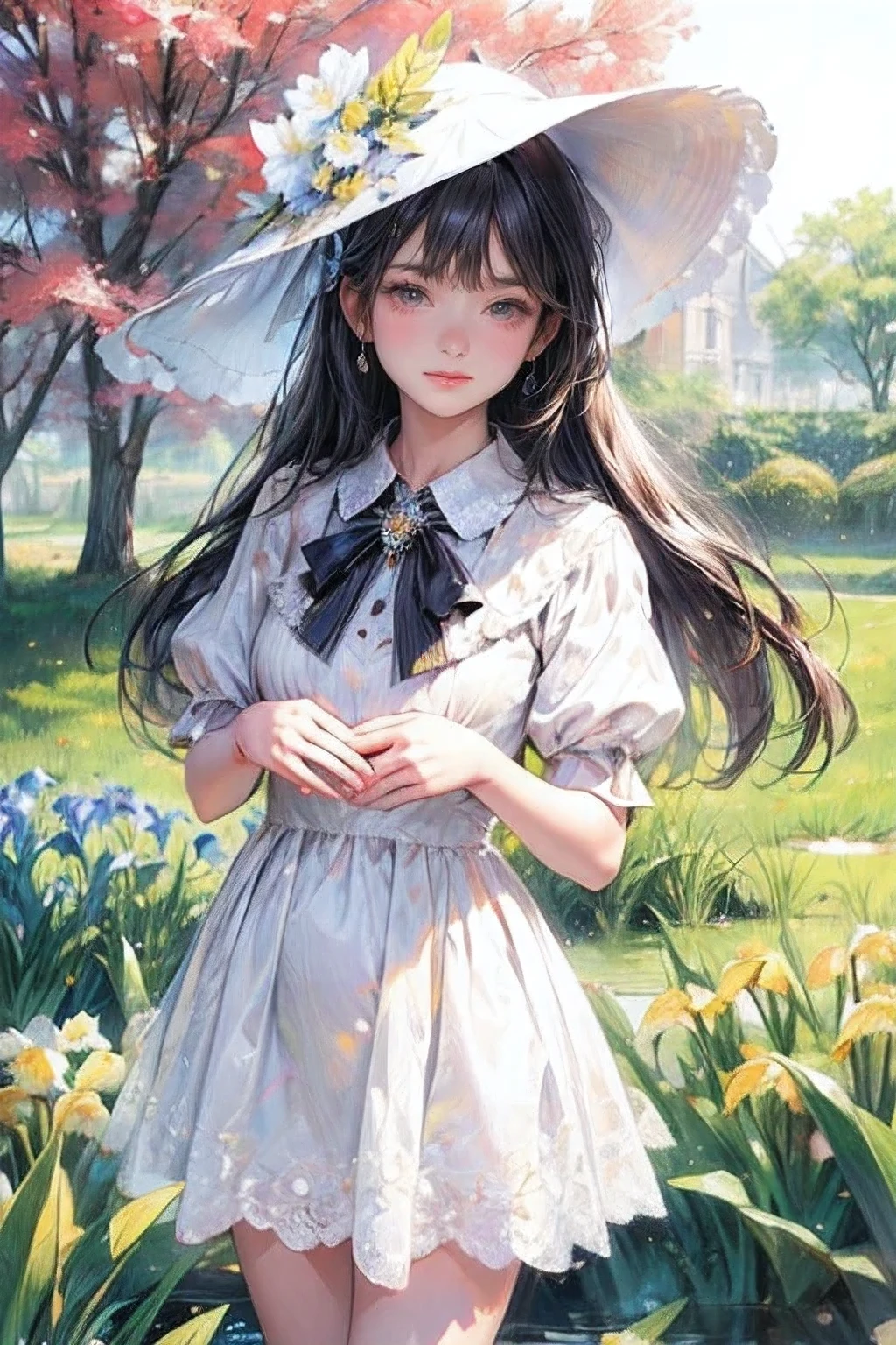 masterpiece:1.2,highest quality, 16k, ultra-realistic:1.37, beautiful detailed, cute girl, standing stylish sun shade formal hat with ribbon and vibrant colors irises ornaments, through bangs, long eyelash, sparkling eyes, shining lips, gently smile, beautiful delicate(hat, ornament, hair, face, eyelash, eyes, pupils, lips, hands, white dress), garden(flowers, irises, butterfly, pond)