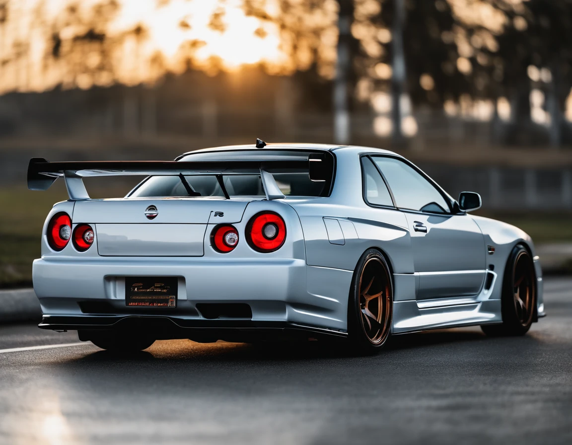 Nissan skyline GTR r34,white background, side footage (4k,Masterpiece, extreme detail, A high resolution,photorealistic,automotive photography, professional)