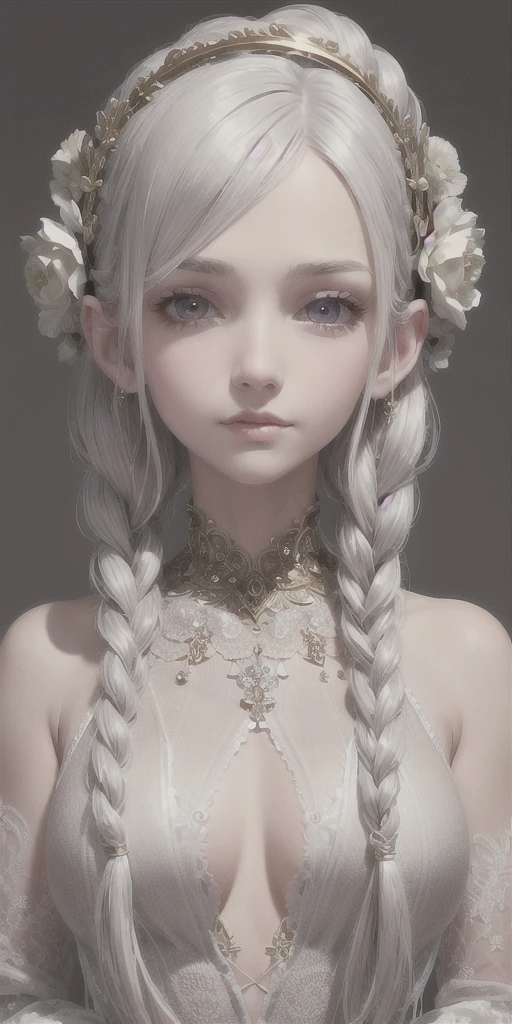 best quality, masterpiece,gray hair, golden eyes,white clothes, search,hair,fair skin,side braids,,(very detailed),(Really delicate and beautiful face),(detailed beautiful eyes),big bust
