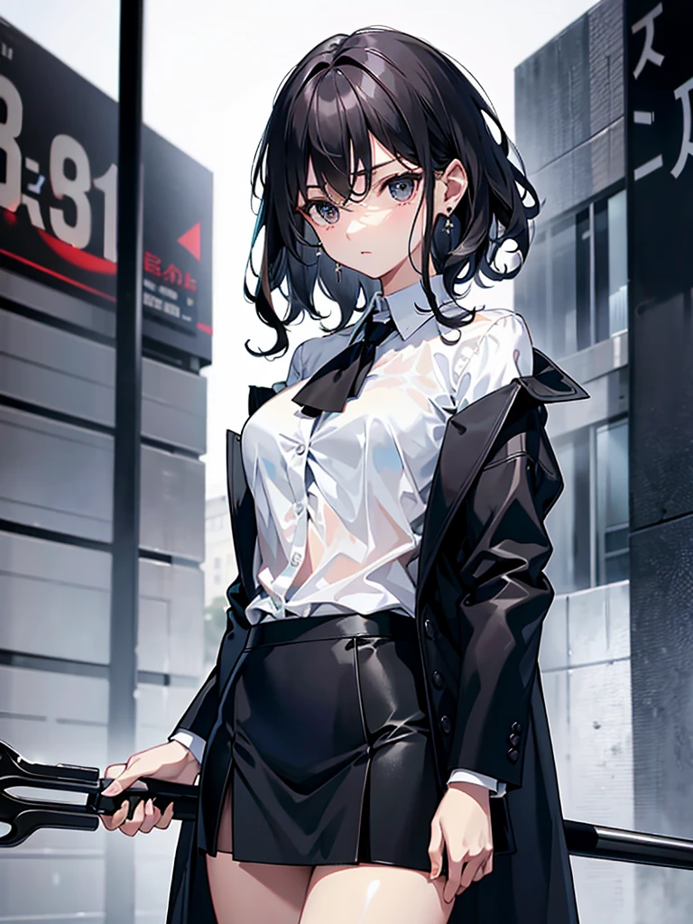 absurdres, RAW photo, extremely delicate and beautiful, masterpiece, Best Quality, ultra high resolution, 32k, hyperrealistic, ultra-detailed, perfect anatomy, anatomically correct, perfect figure, super Detailed skin, 20 years old, very Slim body, narrow waist, very small head, very small face, delicate facial features, detailed face, detailed eyes, tearful mole, earring, thin legs, bare legs, very huge round breasts, short medium hair, ((wavy hair)), wet clothes, ((business suit)), white shirt, black skirt, (coat), detailed weapon,