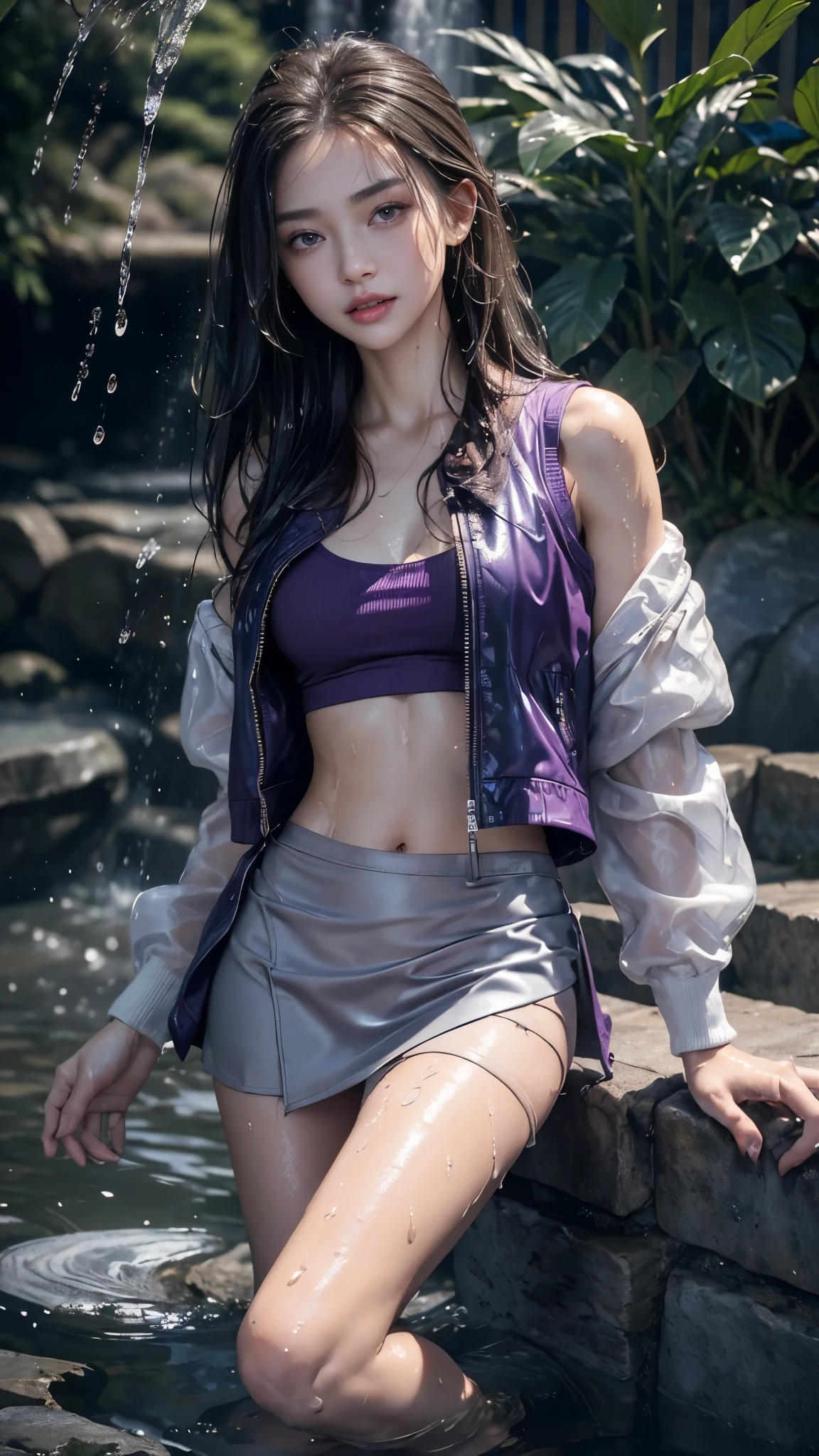 8k, masterpiece, 1 girl, beautiful face, very long hair, light makeup, (wet skin:1.3), detailed eyes, detailed lips, small bust, short jacket, wet purple vest, ((plain mini skirt)), ((under pants)), ((bare thigh)), (bare stomach)), straps clothing, (water falling:1.4), steam effect, water vapour,