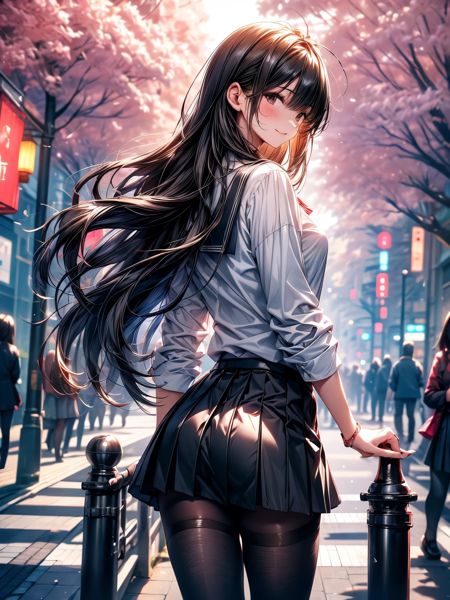 ((Ultra-delicate)), ((Ultra-detail)),(Be focused), (high resolution), Deformed depth of field blurred background, (Detailed background), Perfect layer cut, (full-body shot), rear View, a girl, one person, ((Japanese student)), slim figure, smooth skin, black long hair, slim legs, beautiful fingers, School uniform, white shirt, Black pleated student skirt, dark stockings, Dark student shoes, Background japan city, on street, outdoor , spring, morning, Cherry blossoms, floating Cherry blossoms, CG unity, 8k, Octane Render,