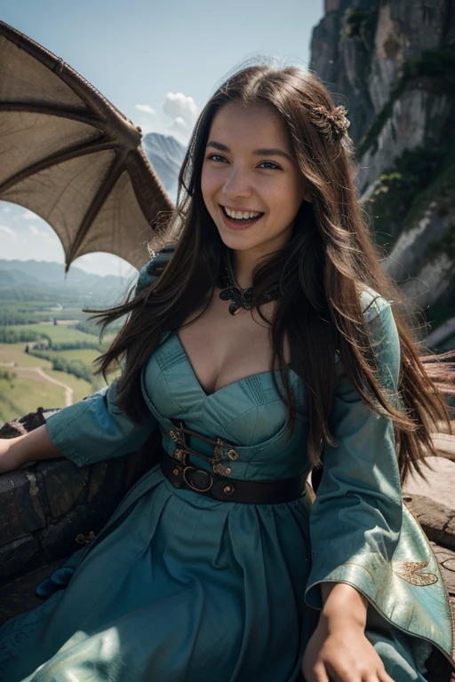 A young girl sits astride a majestic dragon, her long hair flowing behind her in the wind. The dragon soars through the sky, its powerful wings beating.
The girl laughs with joy, her eyes sparkling with excitement. She reaches out and touches the dragon's scales, feeling their smooth, cool texture.
The dragon circles higher and higher, giving the girl a breathtaking view of the world below. She can see mountains, rivers, and forests stretching out before her.
The girl feels a sense of freedom and wonder as she flies through the sky with her dragon companion. She knows that this is a moment she will never forget.
