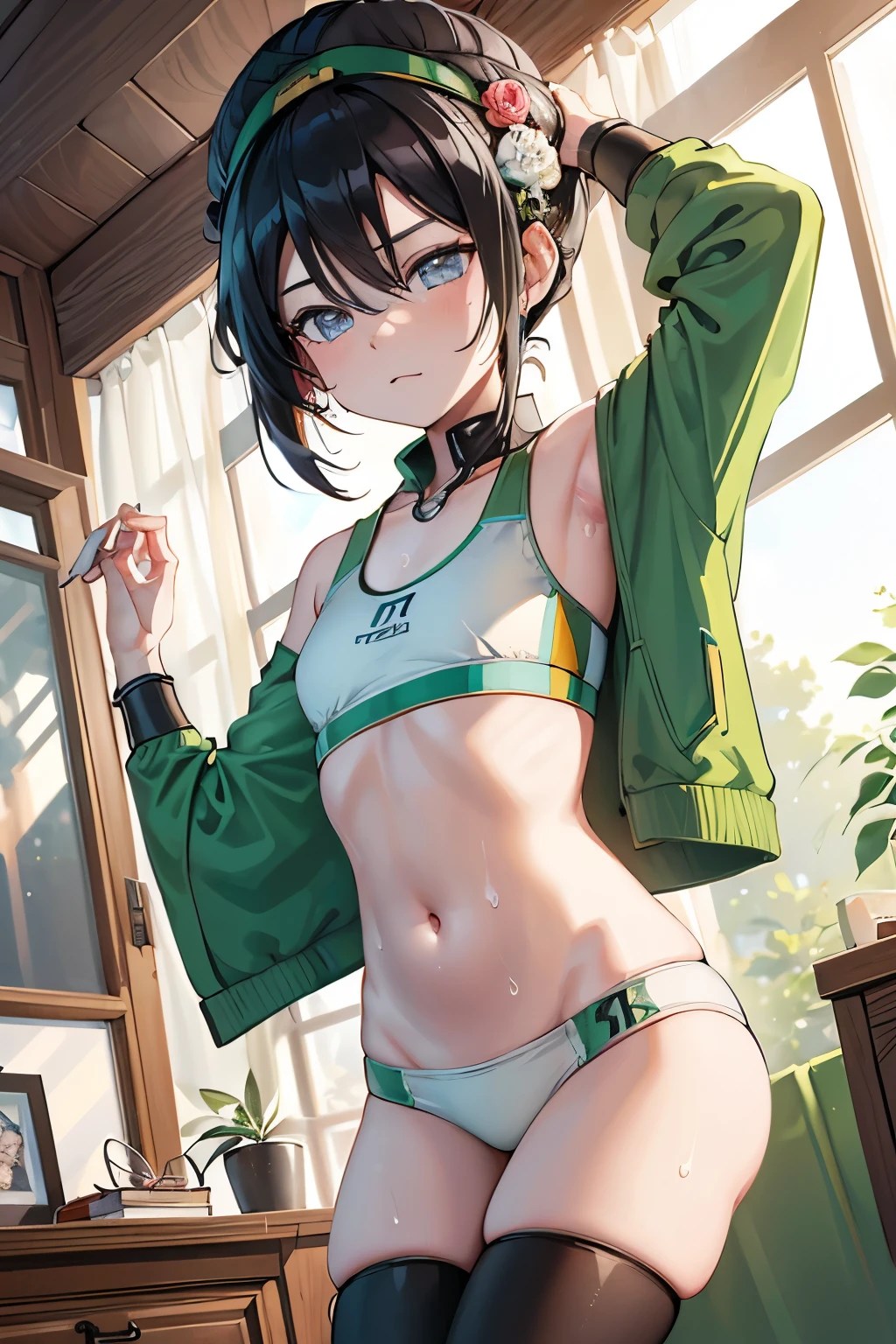 ((4K, ​master piece, Best Quality)), thop Beifong,  1girl in , center parted hair, small breasts⁩, Cute, blush, running, white sports bra, bloomer , morning, park, sweat .